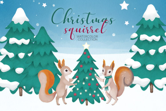 Christmas Squirrel Watercolor Set Illustrations