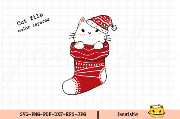 Cute Cat in Christmas Red Sock Clip Art for Branding