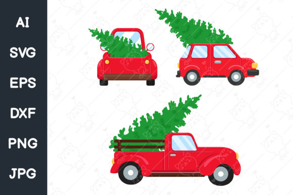 Red Christmas Car and Christmas Tree Illustrations
