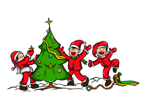 Three People Decorating Christmas Tree Illustrations